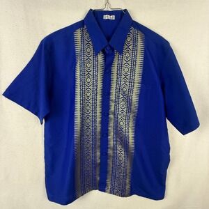 Thai Silk Button Down Mens XL Blue Gold Embroidered Traditional Thai Shirt Short